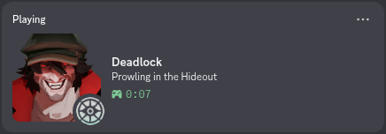 Deadlock Discord Rich Presence showing hero portrait, match mode, and game phase updating live on a Discord profile card